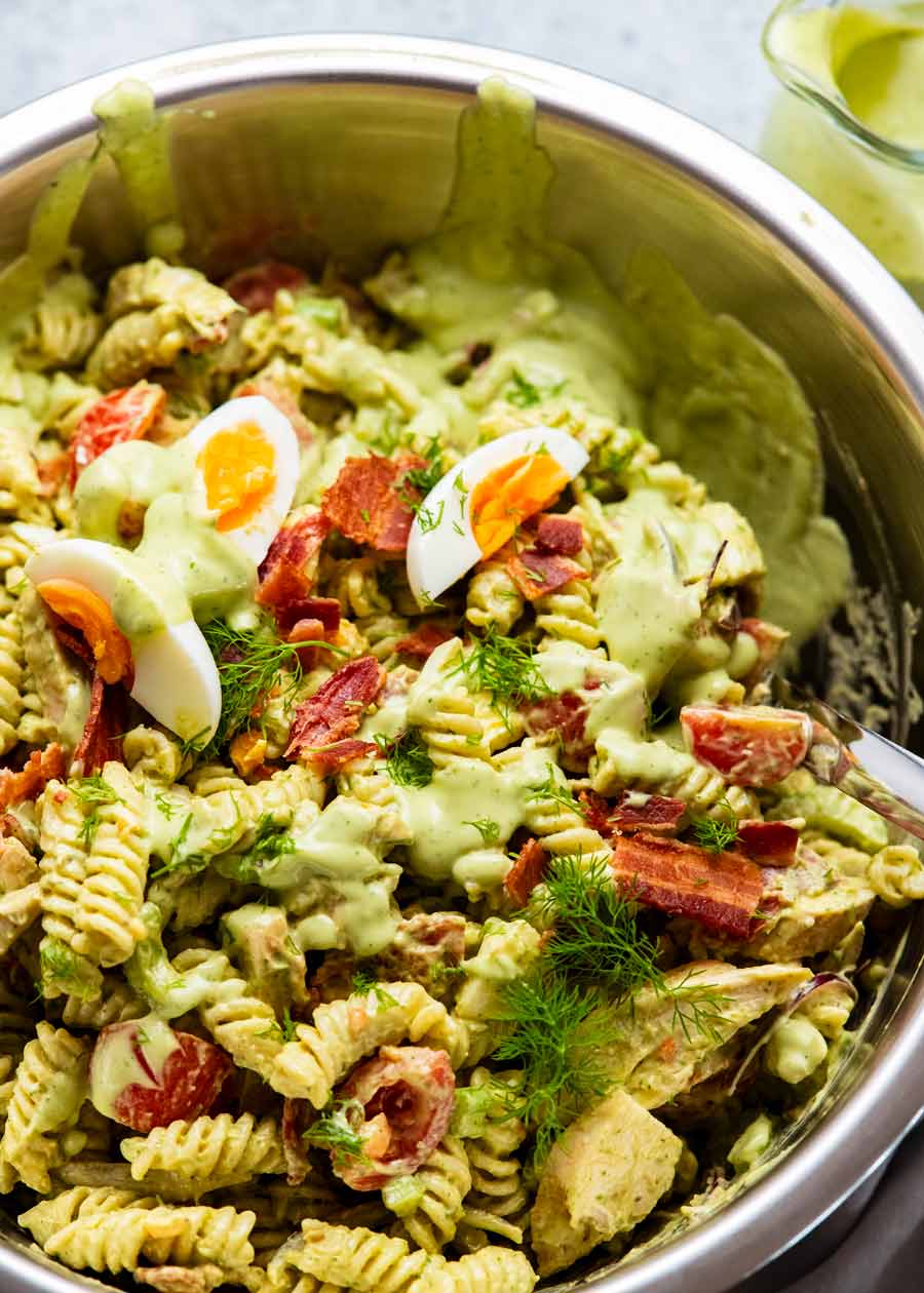 Large bowl filled with Pasta Salad with Avocado Ranch Dressing
