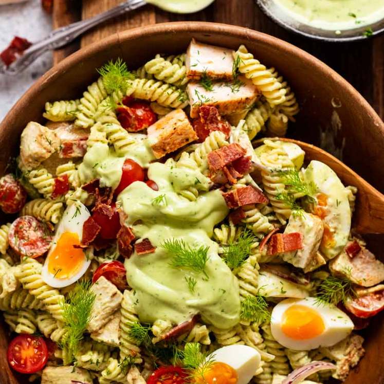 Pasta Salad with Avocado Ranch Dressing in a salad bowl ready to be served