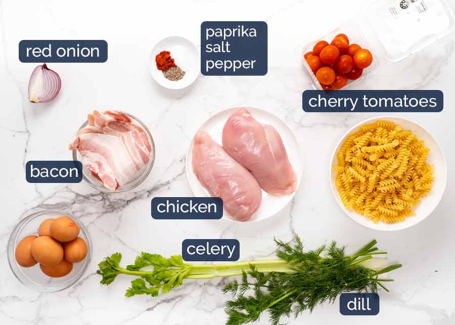 Ingredients in Chicken Pasta Salad with Avocado Ranch Dressing