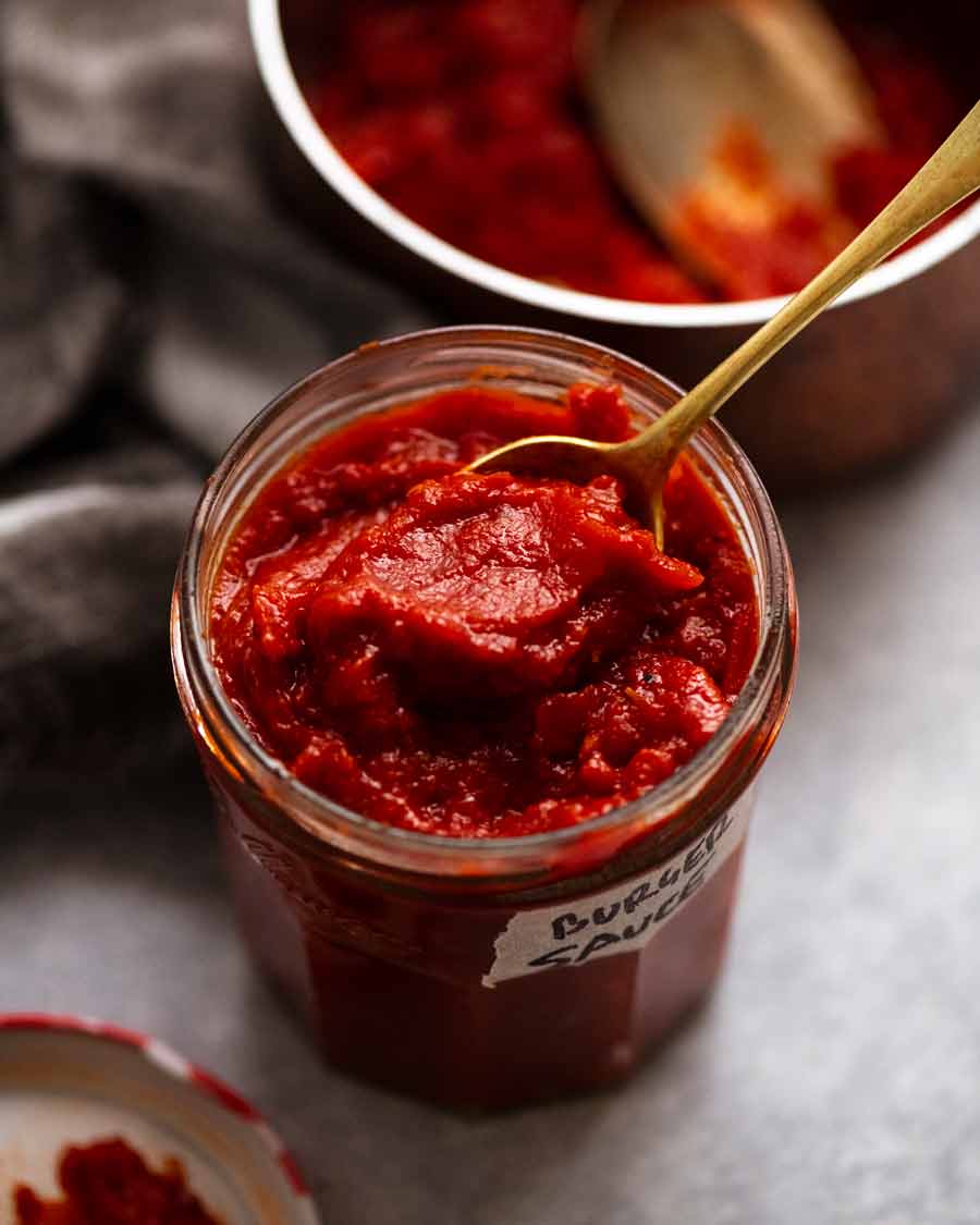 Quick tomato chutney burger sauce in a jar ready to be used