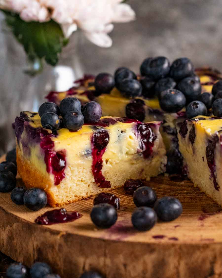 Close up   of a portion    of Blueberry Custard Cake