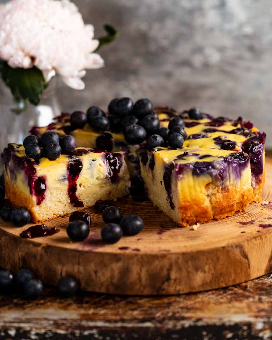 Blueberry Custard Cake ready to be served