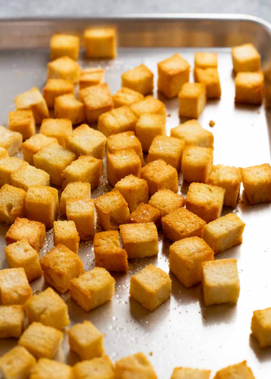 Homemade croutons on a tray