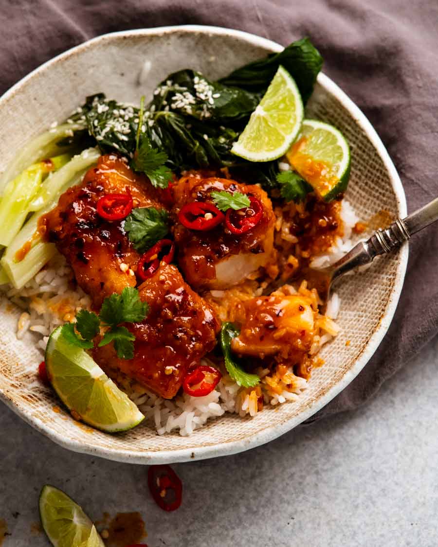 Chilli Lime Fish in a bowl served over rice