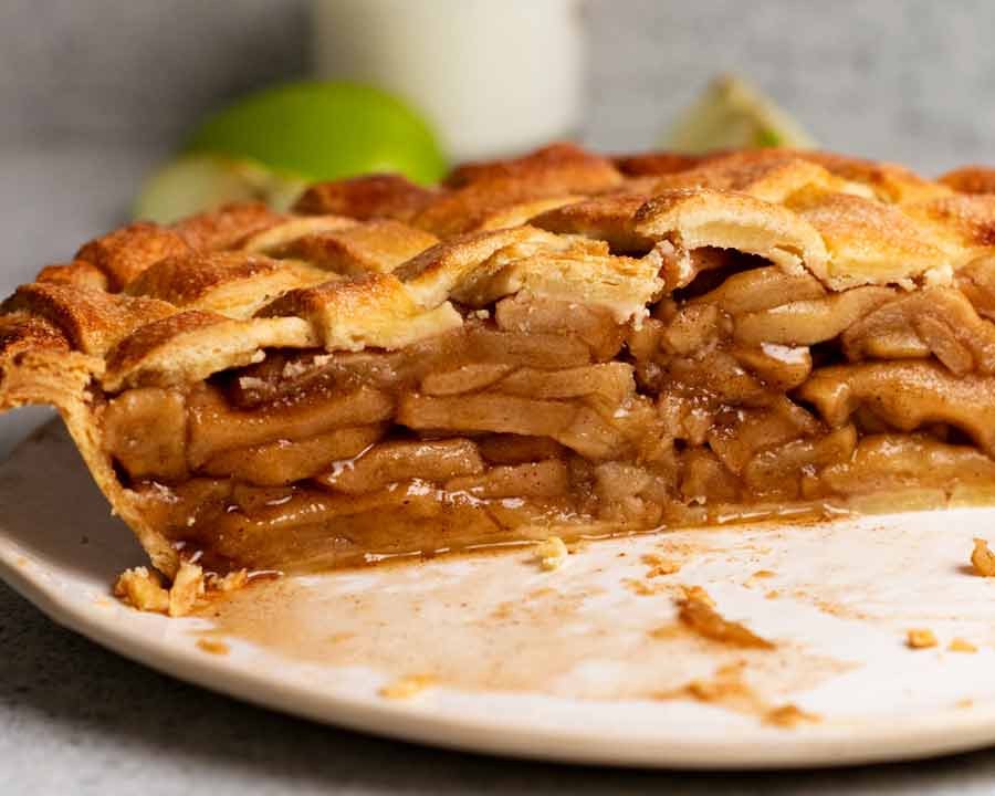 Close up cross section of apple pie