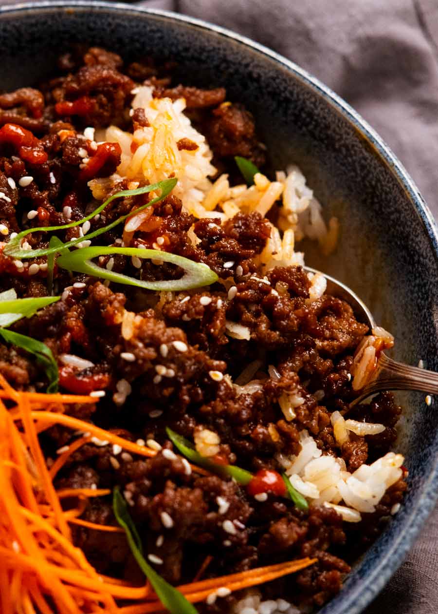 Close-up of Firecracker beef over rice