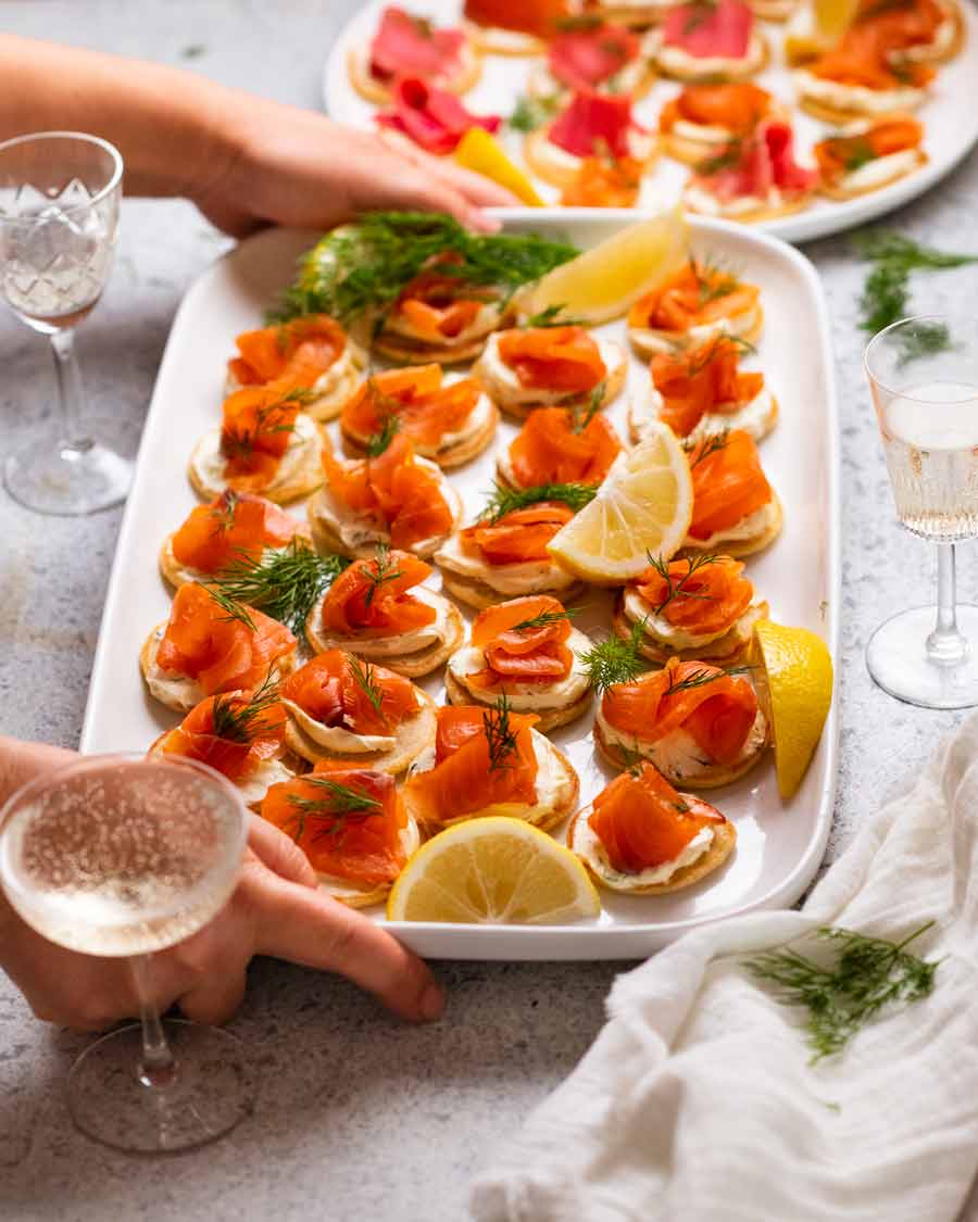 Platter of Blini with smoked salmon