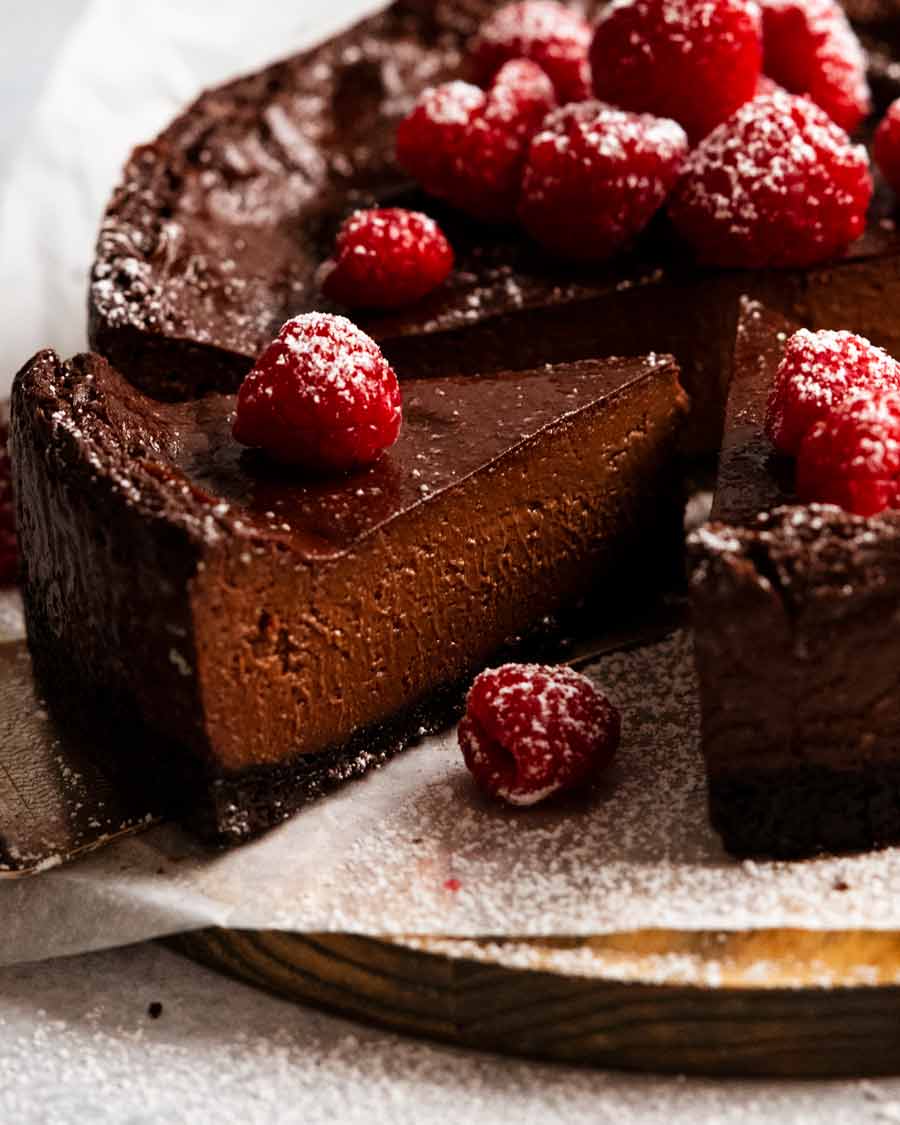 Close up photo of a slice of Chocolate custard cake