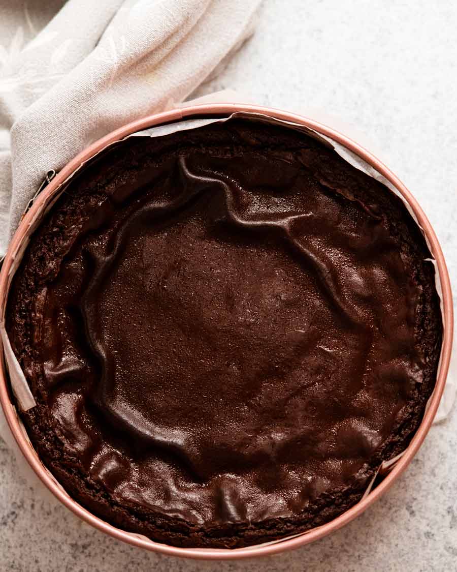 Overhead photo of freshly baked Chocolate custard cake