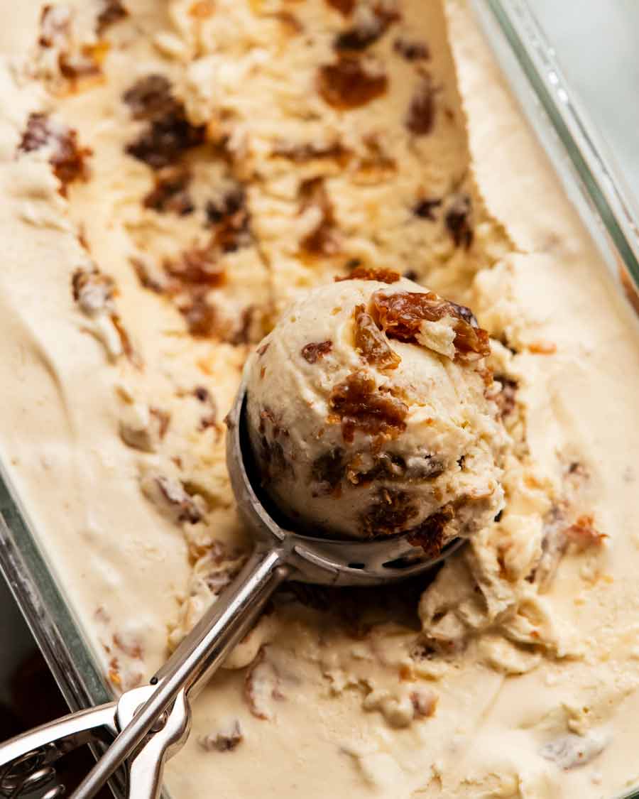 Close-up of scoop of rum raisin ice cream