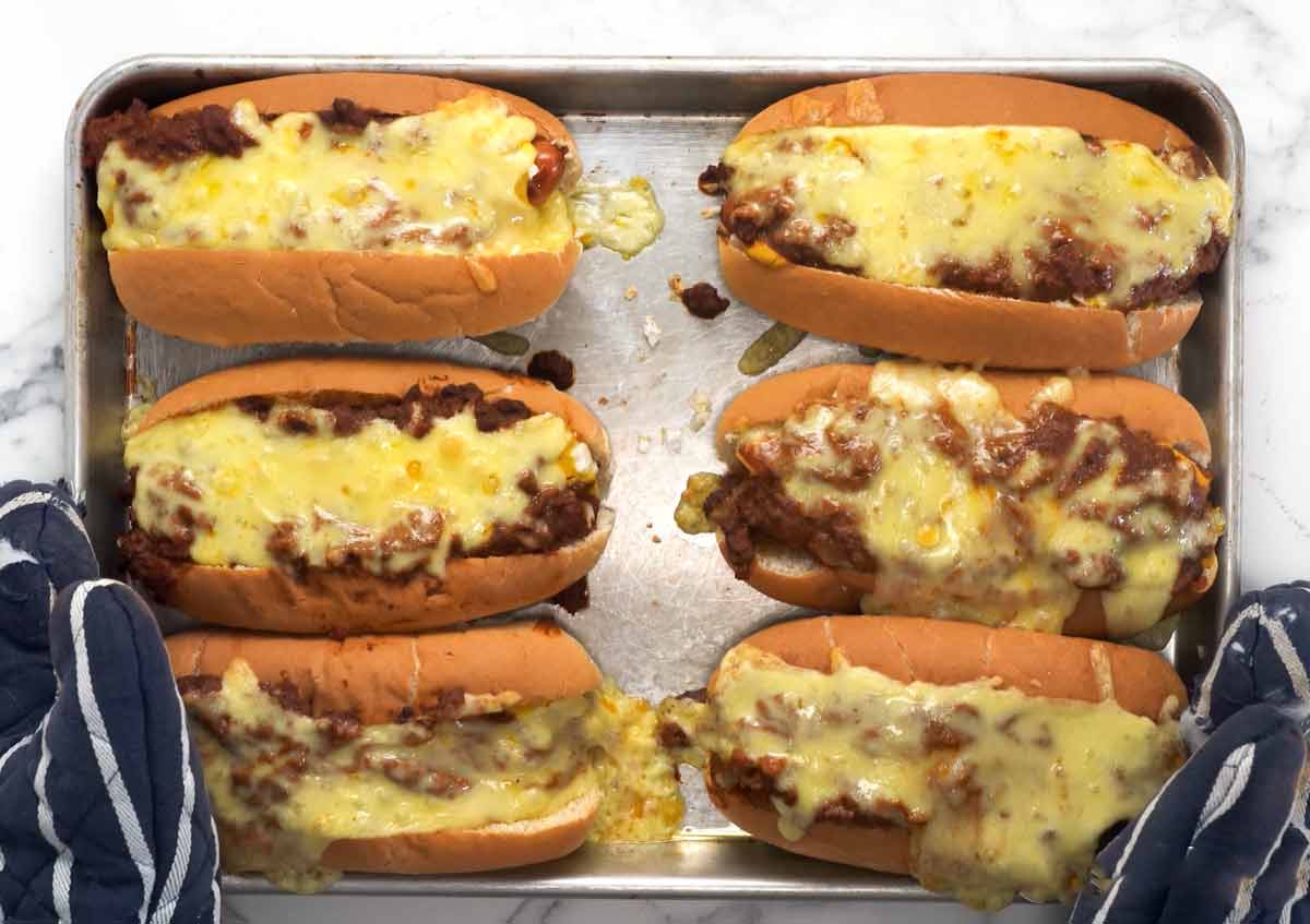 Baked chili dogs fresh out of the oven