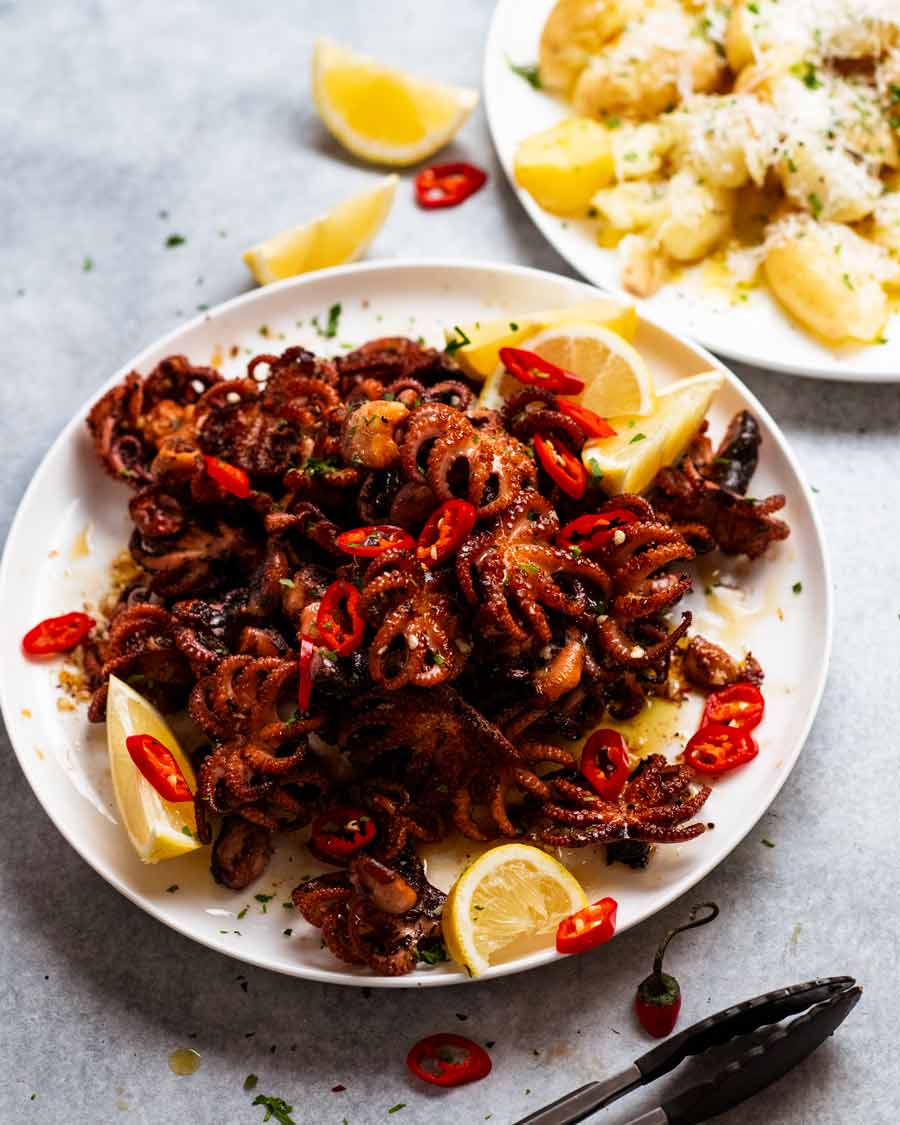 Crispy marinated baby octopus with a potato side salad