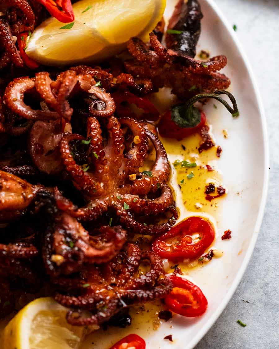 Close up of Crispy marinated baby octopus