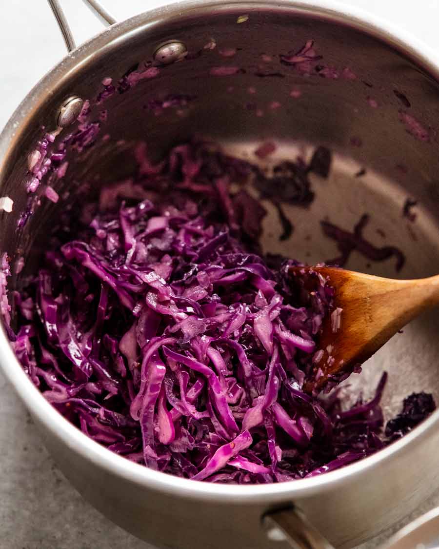 Red cabbage in pot for Purple rice