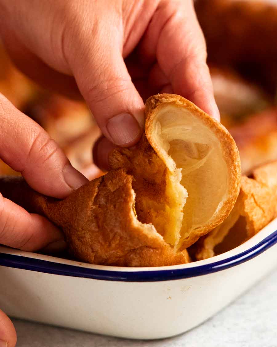 Showing hollow insides of Toad in the hole Yorkshire pudding waiting to be filled