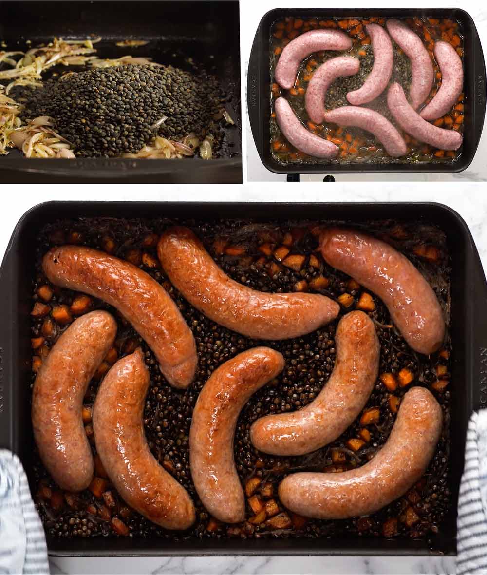 One cookware  baked sausage and lentils