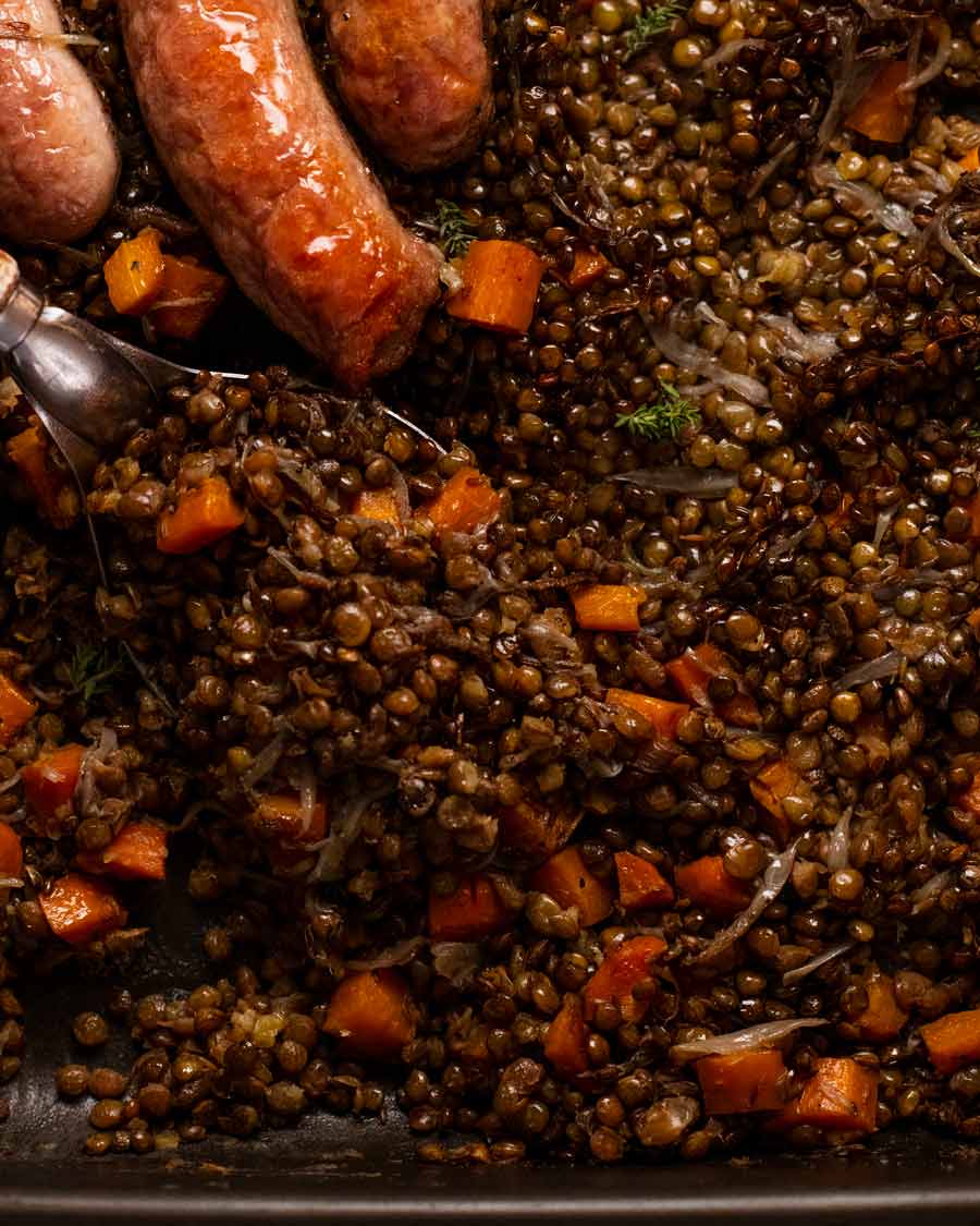 Close up of One pan baked sausage and lentils