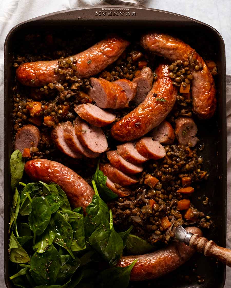 One pan baked sausage and lentils fresh out of the oven
