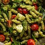 Close up   photograph  of Pesto pasta salad