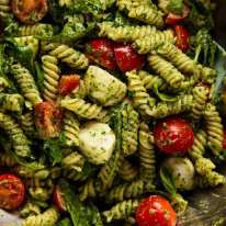 Close up photo of Pesto pasta salad