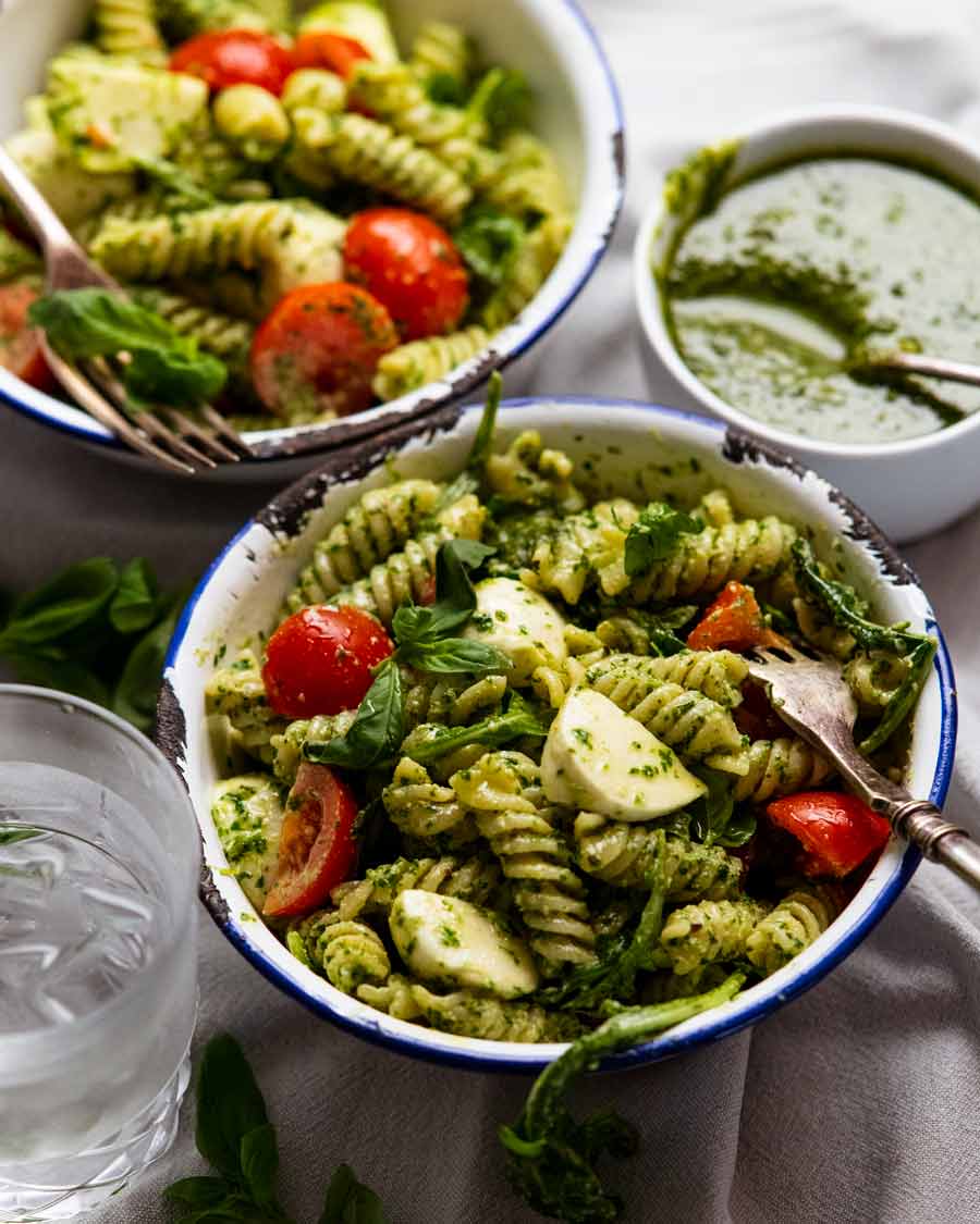 Bowls of Pesto pasta salad for lunch