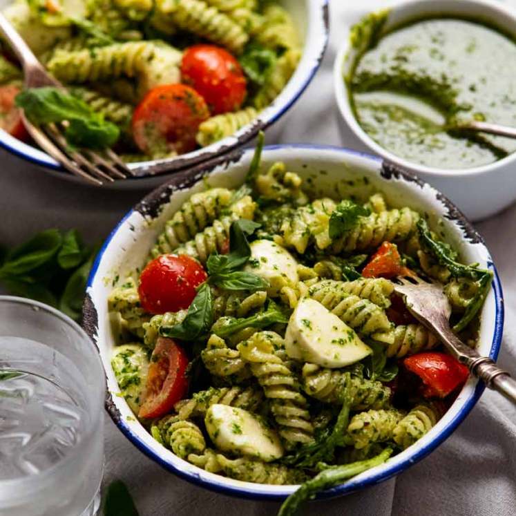 Bowls of Pesto pasta salad for lunch