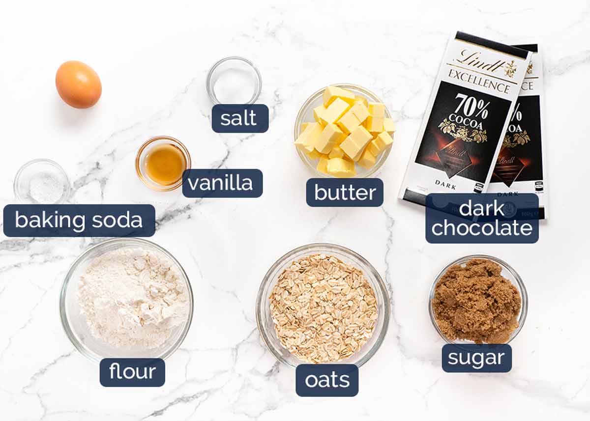 Ingredients in Brown butter oatmeal choc chip cookies