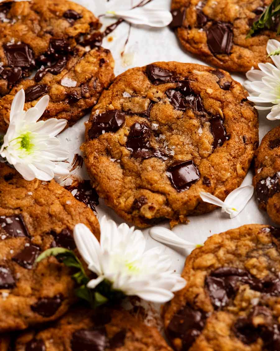 Close up photo of Brown butter oatmeal choc chip cookies