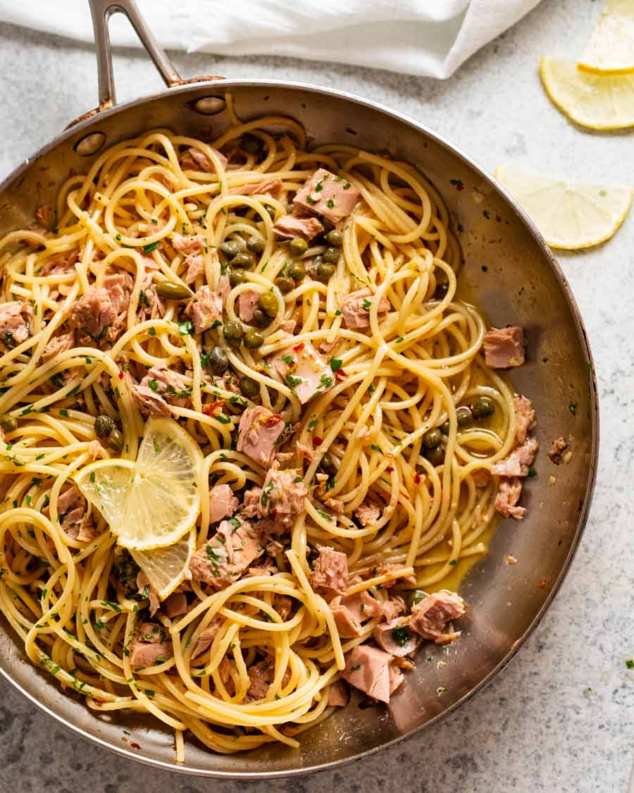 Canned tuna pasta in a pan ready to be served