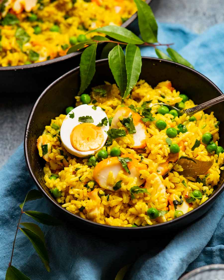 Bowl of Kedgeree - English fish and rice - served for dinner