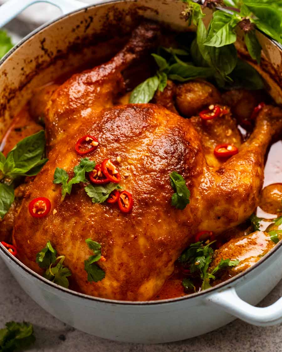 Freshly made Thai red curry pot roast chicken