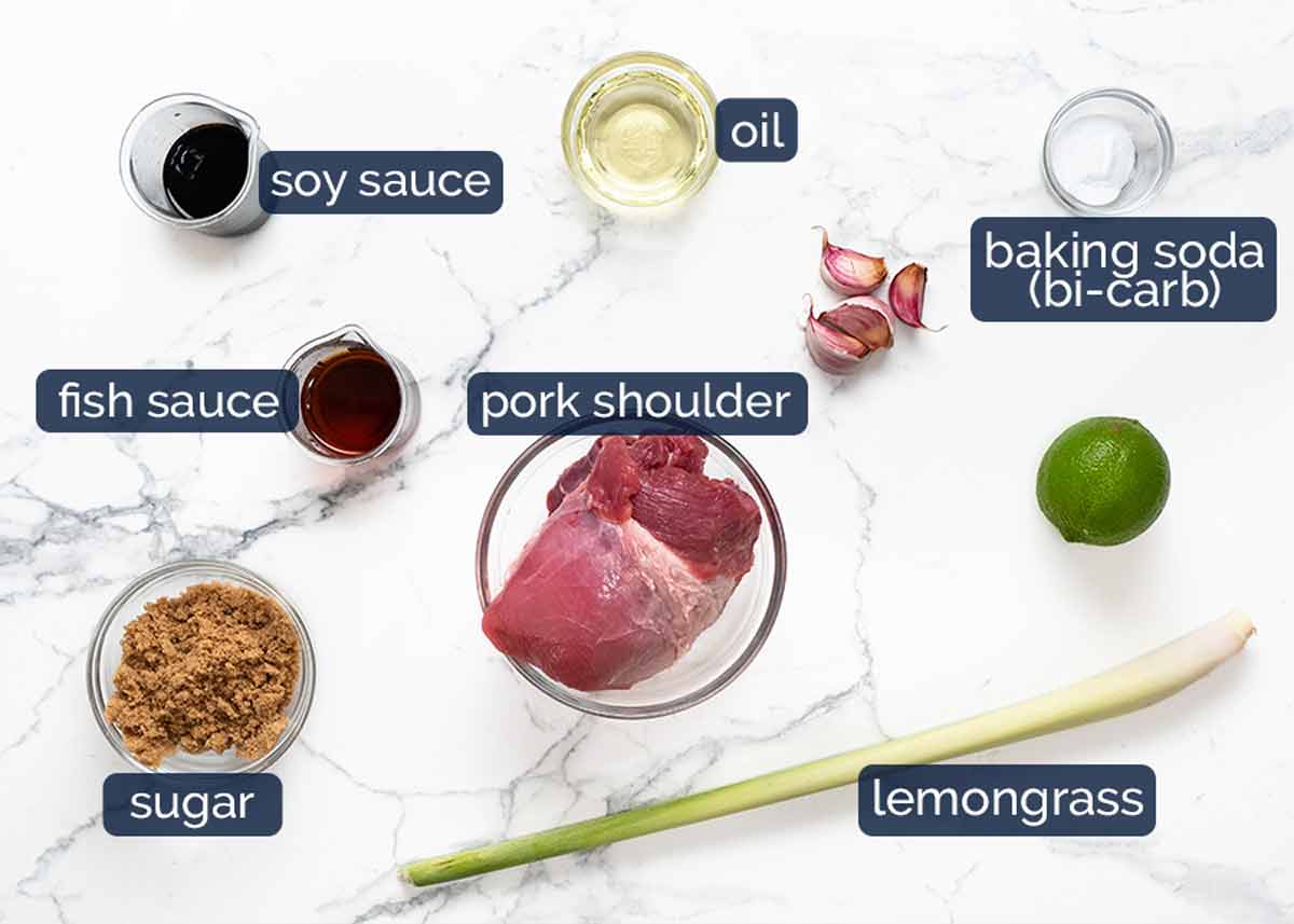 Ingredients in Vietnamese noodles with lemongrass pork (Bún thịt nướng)