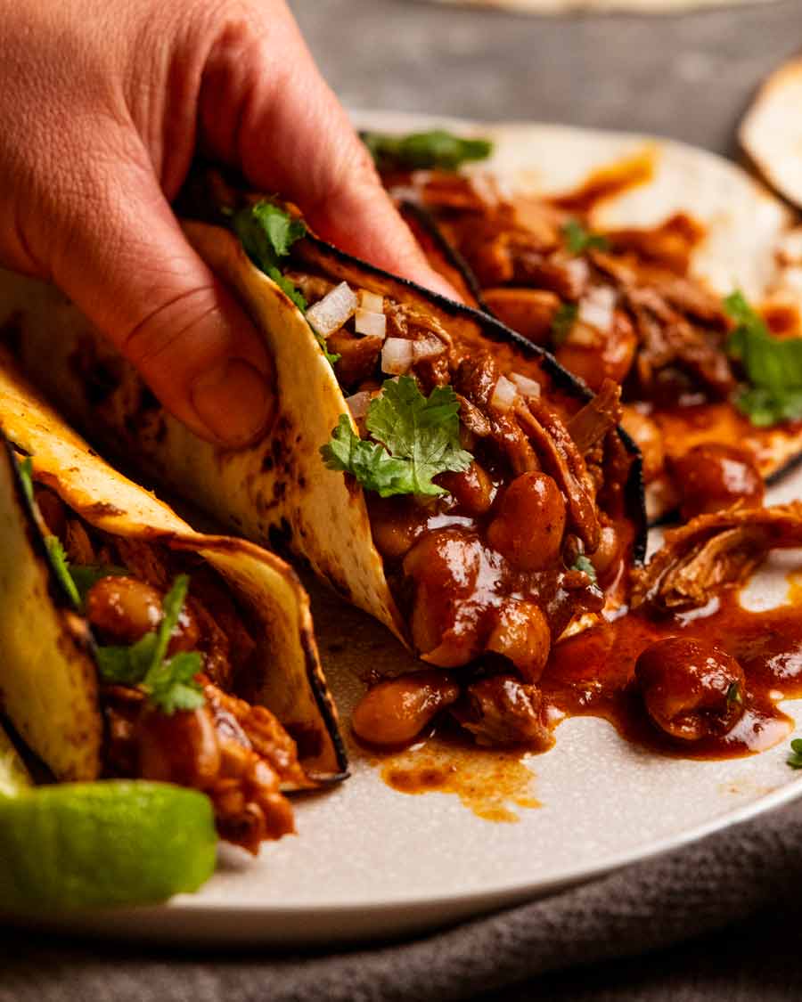 Tortilla taco stuffed with Mexican Chipotle Pork and Beans