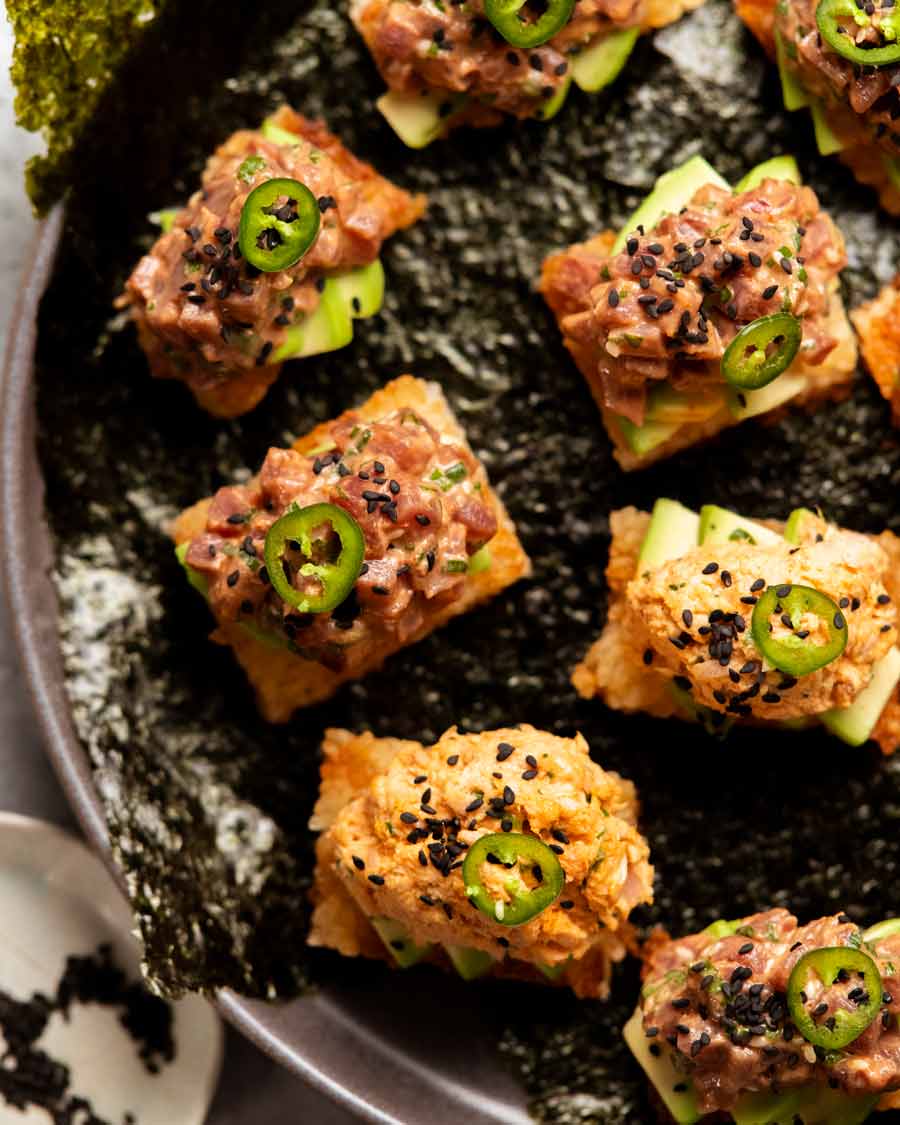 Overhead photo of Spicy tuna crispy rice