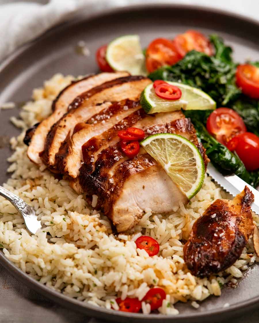 Garlic rice on a plate with Lime Chicken