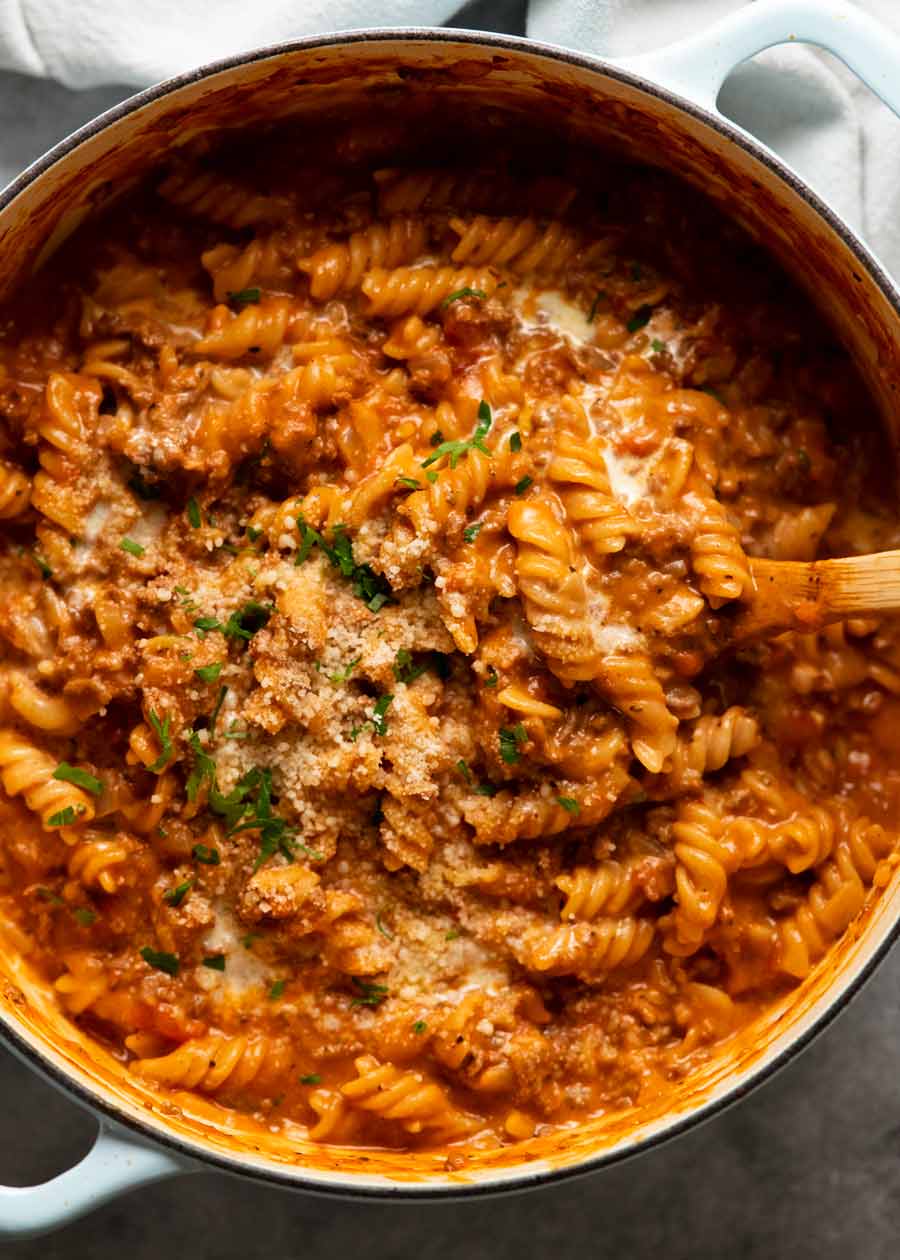 Pot of freshly made One pot creamy tomato beef pasta