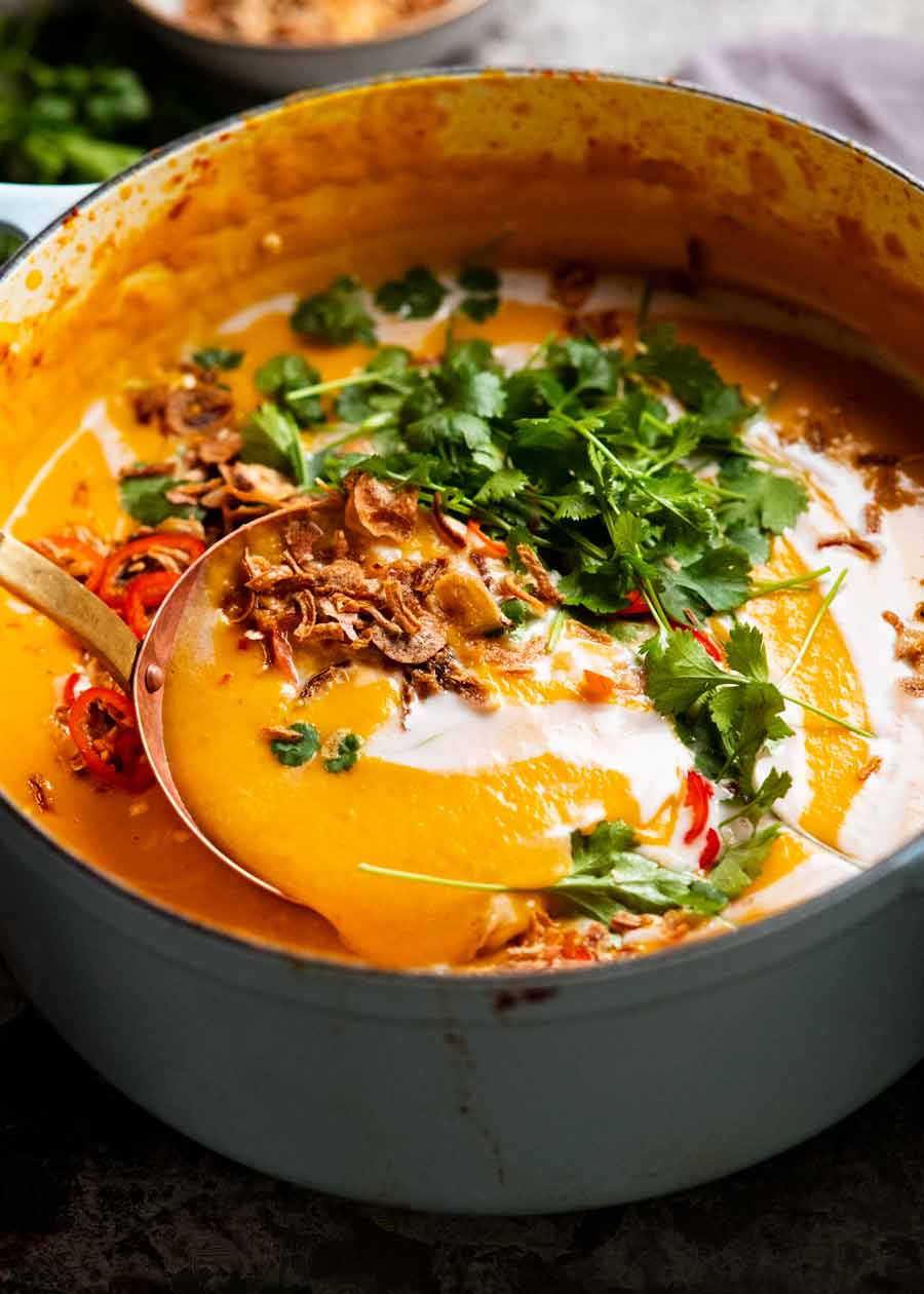 Pot of freshly made Thai Coconut Pumpkin Soup