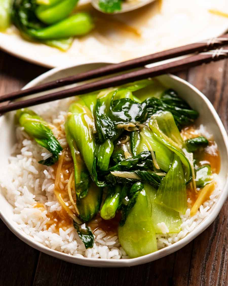 Bok Choy with ginger sauce over rice