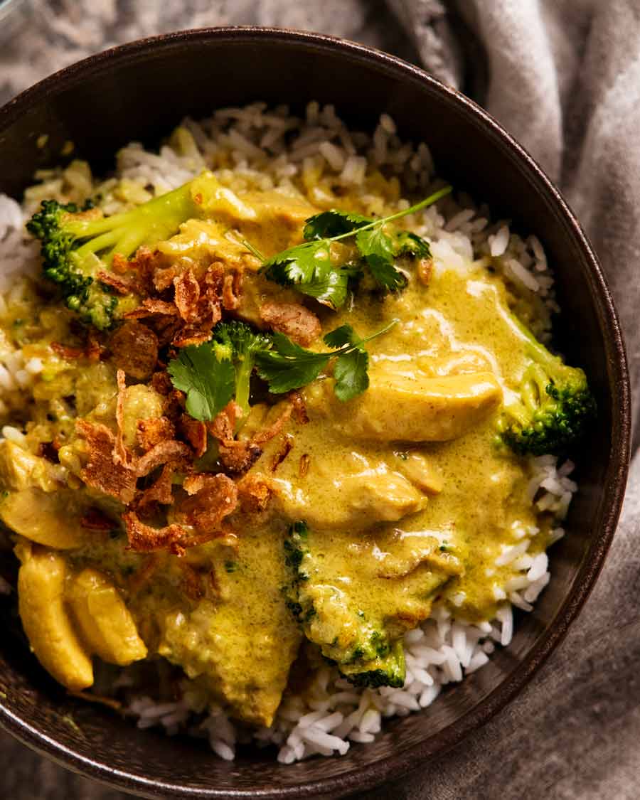 Coconut chicken curry over basmati rice, ready to eat