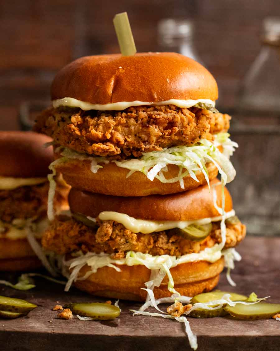 Double stack of Crunchy Fried Chicken Burgers
