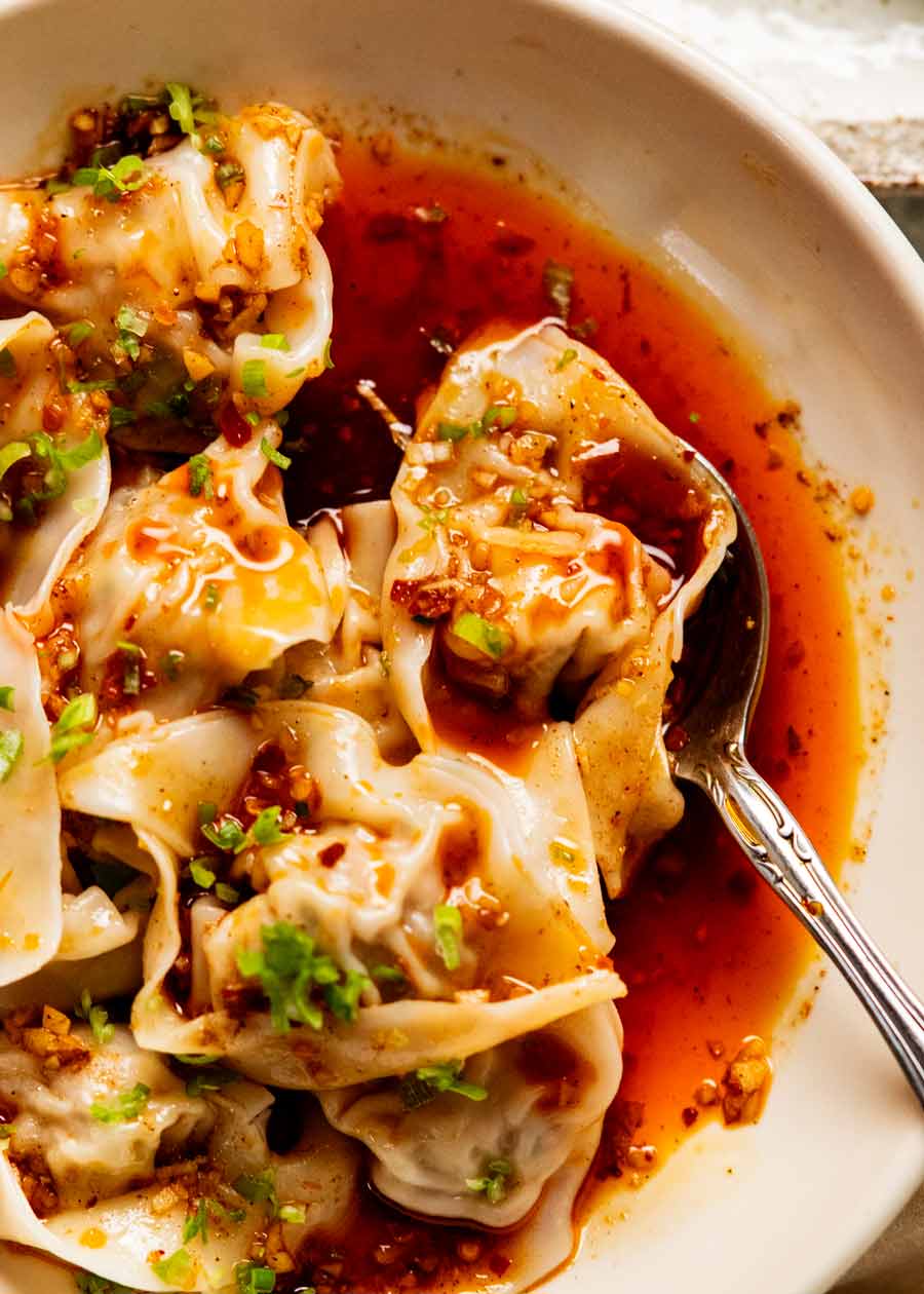 Close up of Spicy Wontons in Chilli Sauce - Din Tai Fung