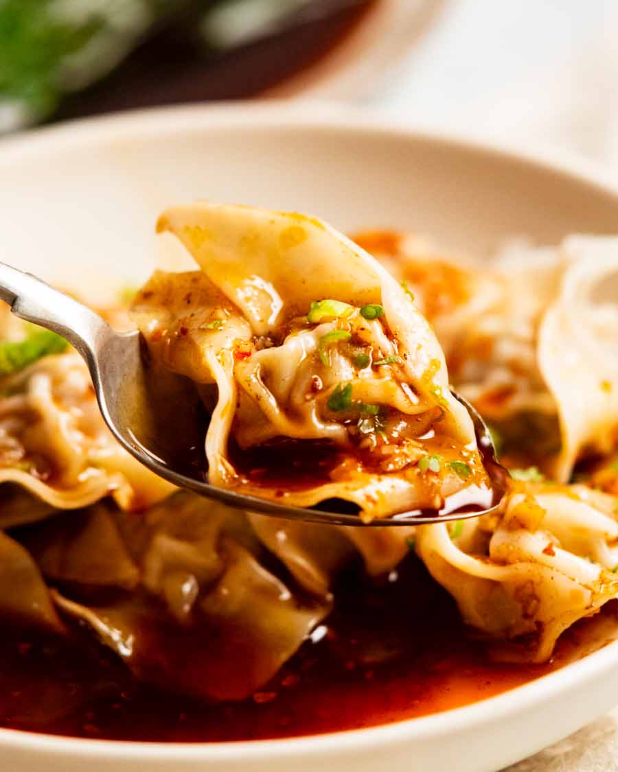 Close up of Spicy Wontons in Chilli Sauce - Din Tai Fung