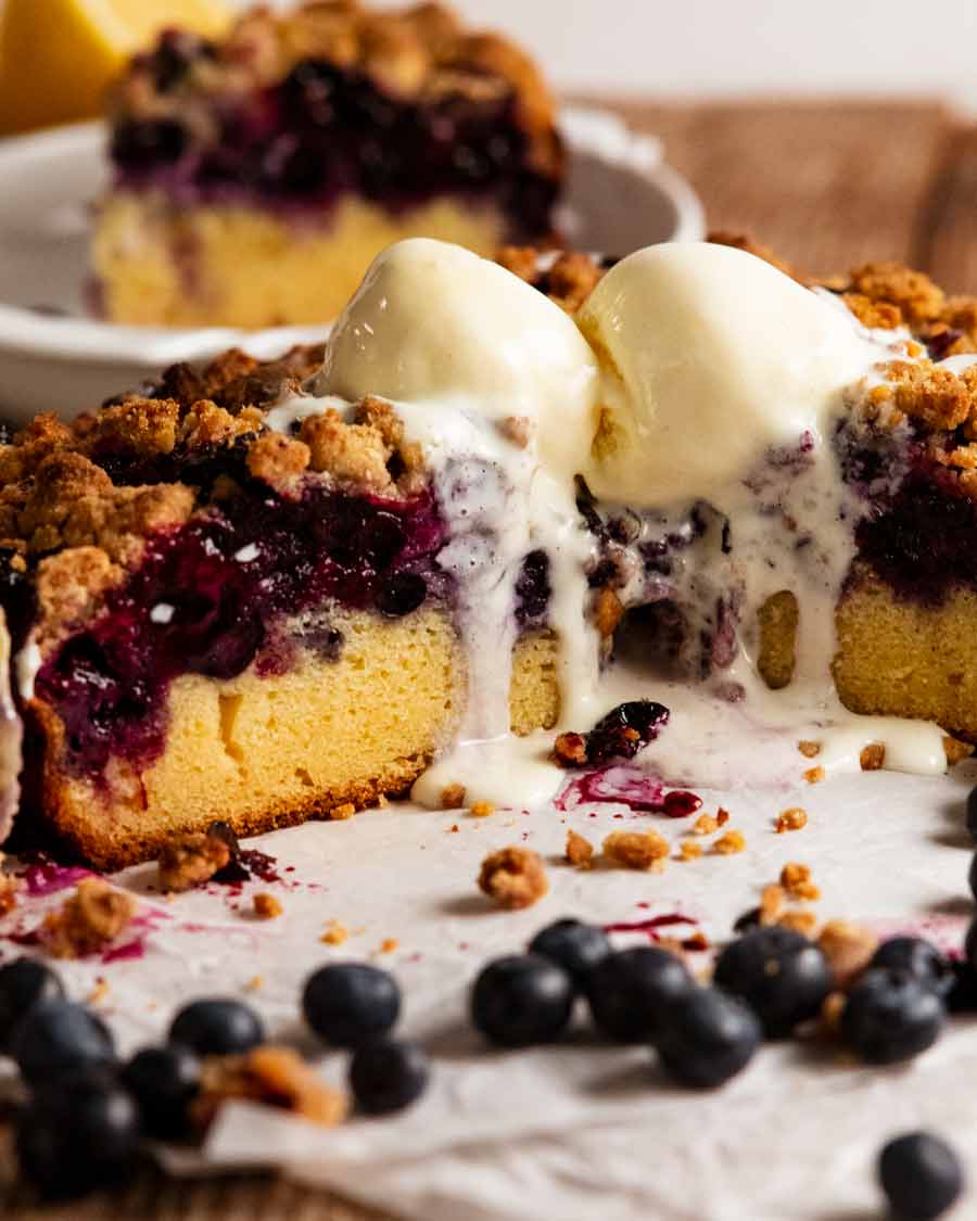 Bursting Blueberry Crumb Cake with vanilla ice cream