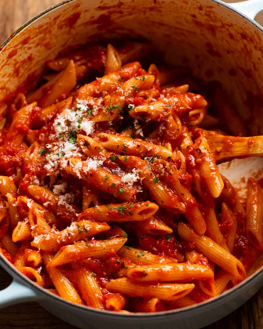 Penne all'arrabbiata (spicy tomato pasta) in a pot