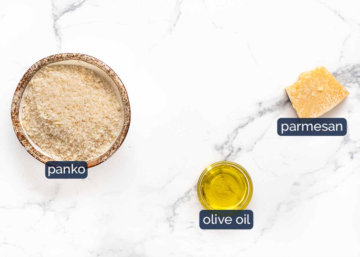 Ingredients in Green beans with a mountain of panko