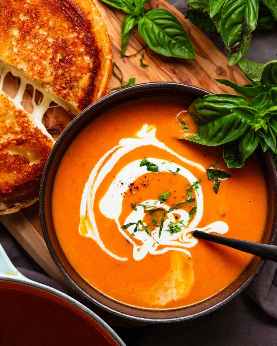Roasted tomato soup in a bowl ready to eat